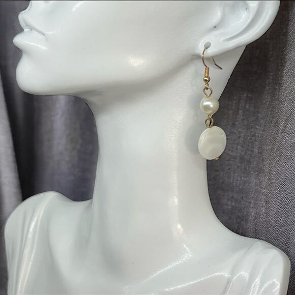 White and Silver Drop Earrings, 2" Long, 0.5" Wide, Summer Style - Picture 1 of 9